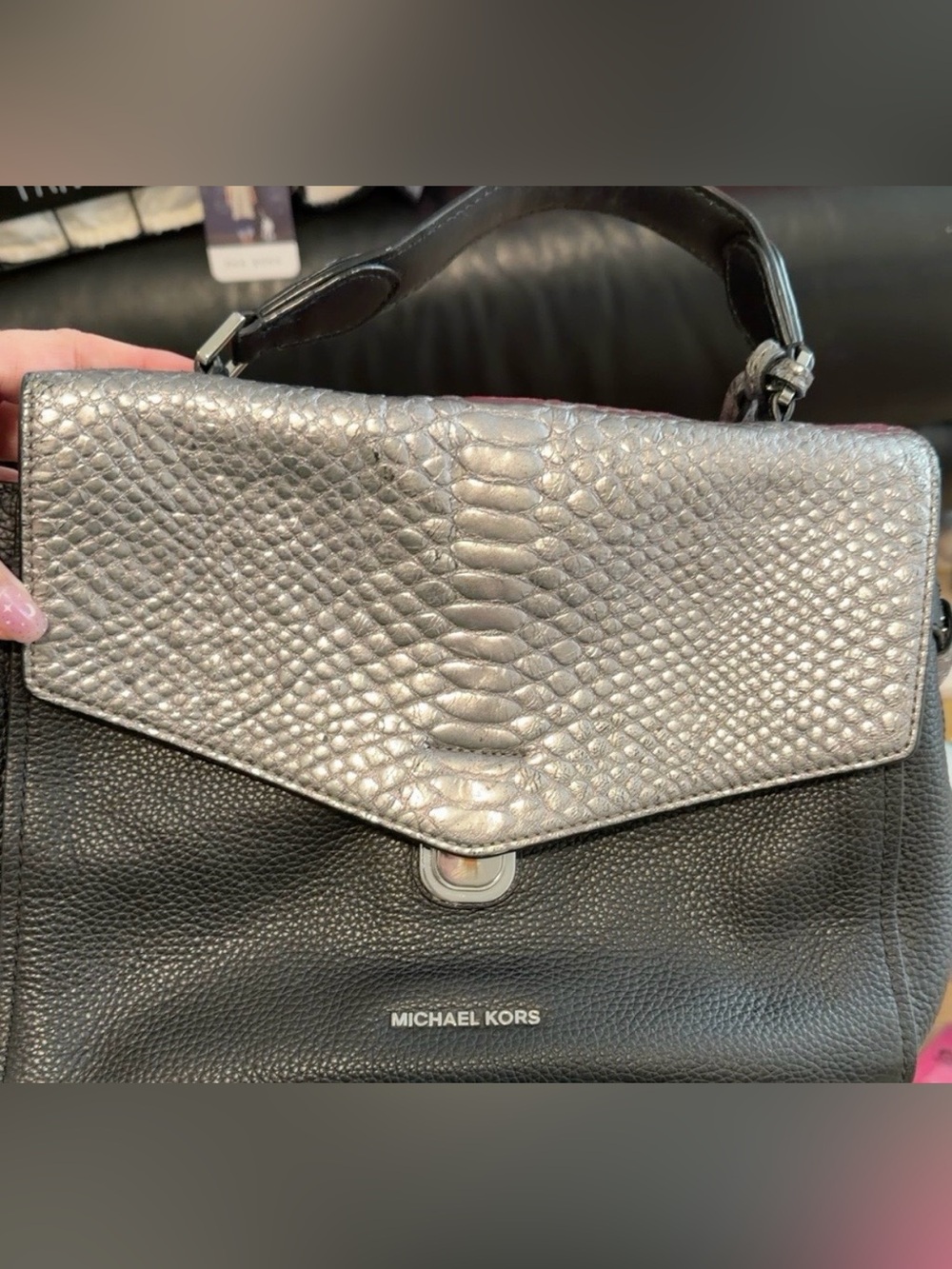 Michael Kors Bristol Black Leather Satchel with Silver Textured Flap GUC B62